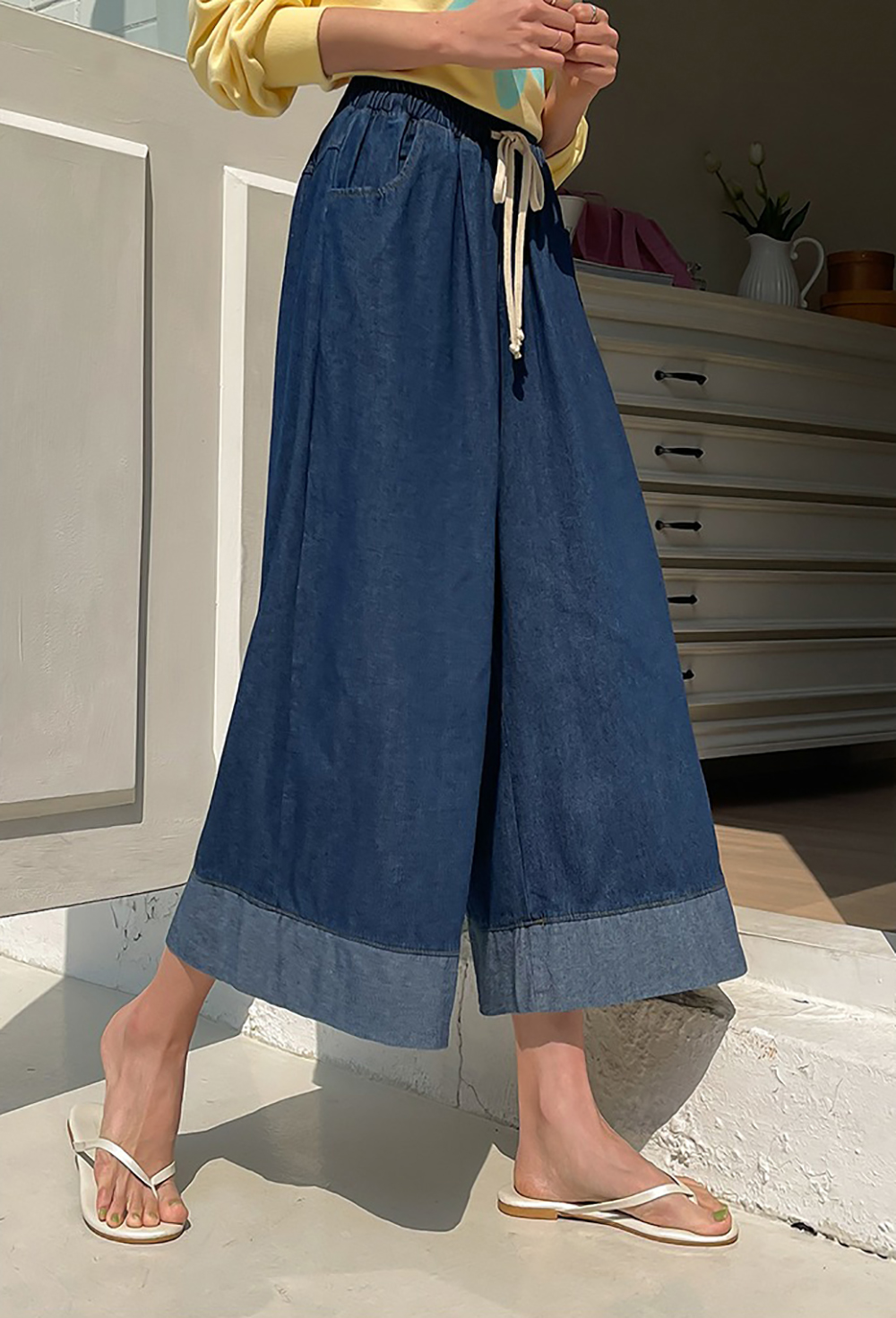 撞色下擺牛仔布寬褲,KOREA,361374,撞色下擺牛仔布寬褲,領500,999免運