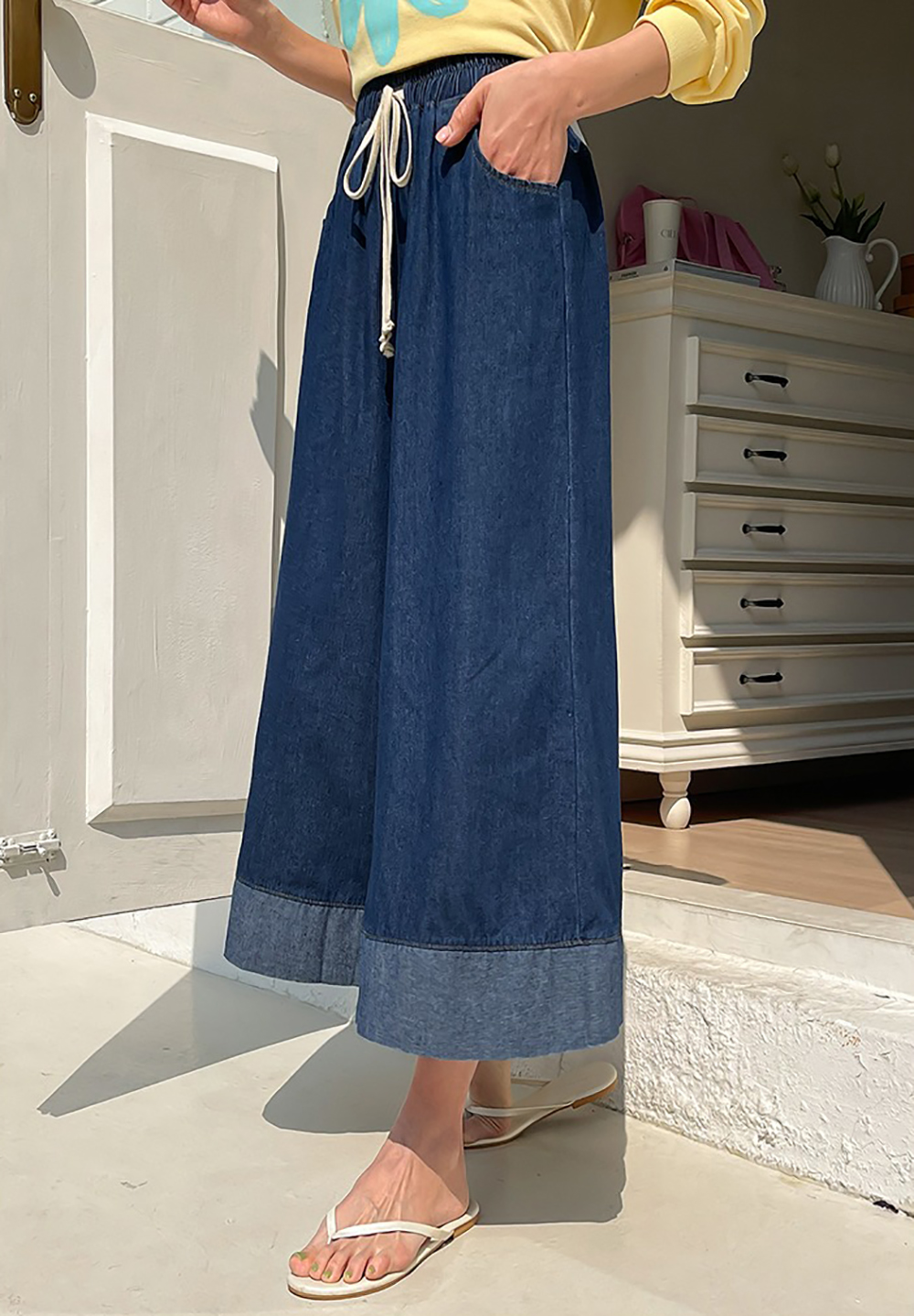 撞色下擺牛仔布寬褲,KOREA,361374,撞色下擺牛仔布寬褲,領500,999免運