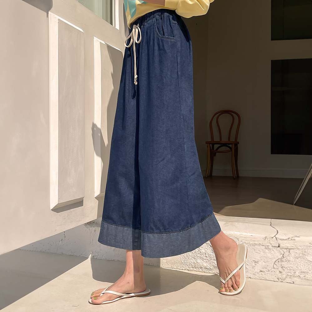 撞色下擺牛仔布寬褲