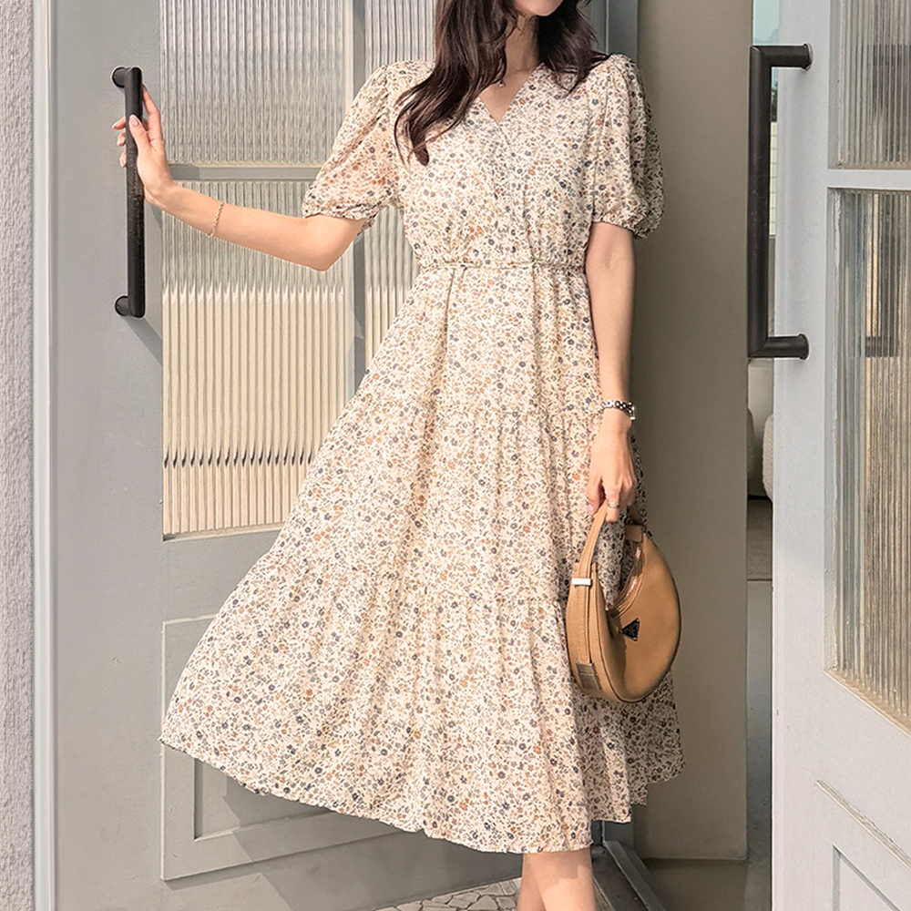 V領碎花飄逸雪紡洋裝