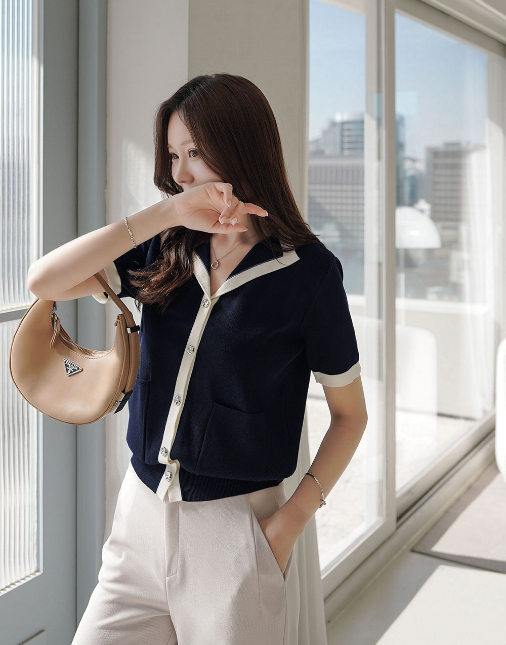 撞色翻領銀釦開襟上衣,KOREA,361586,撞色翻領銀釦開襟上衣,999免運,領500