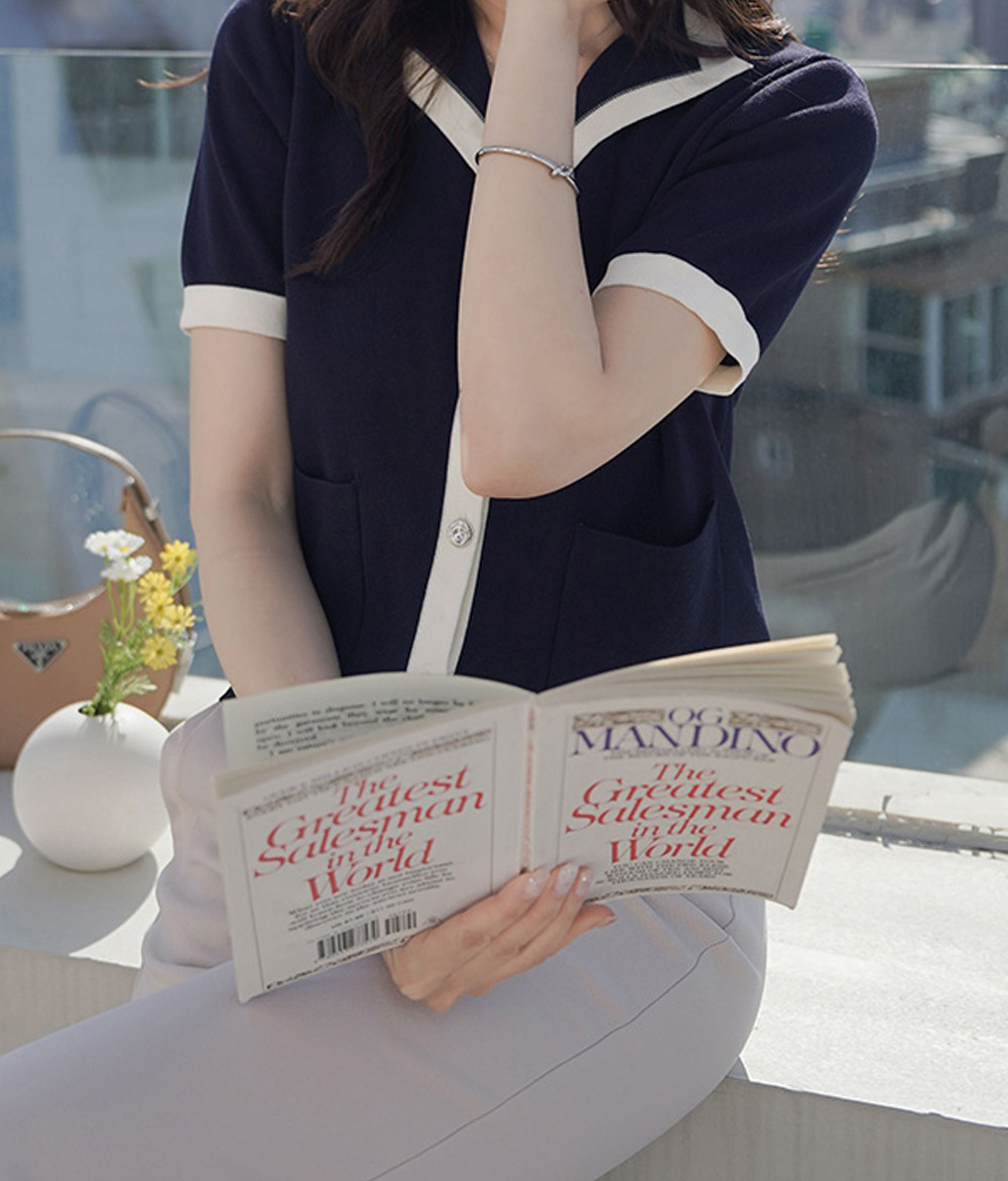 撞色翻領銀釦開襟上衣,KOREA,361586,撞色翻領銀釦開襟上衣,999免運,領500