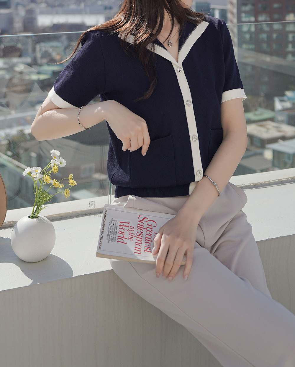 撞色翻領銀釦開襟上衣,KOREA,361586,撞色翻領銀釦開襟上衣,999免運,領500