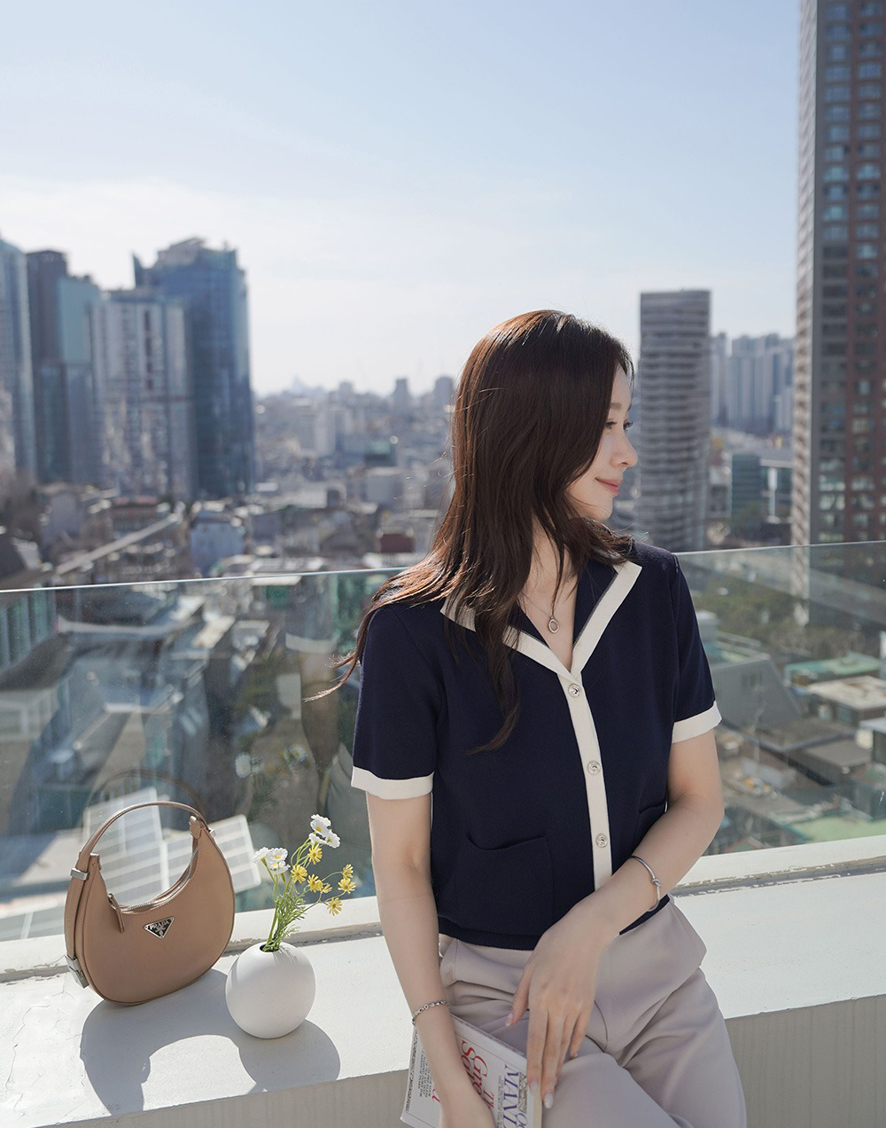 撞色翻領銀釦開襟上衣,KOREA,361586,撞色翻領銀釦開襟上衣,999免運,領500