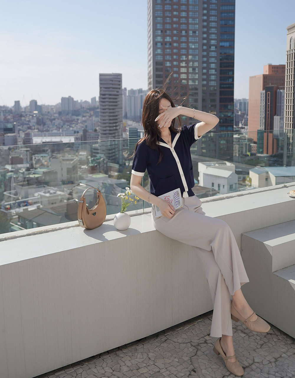 撞色翻領銀釦開襟上衣,KOREA,361586,撞色翻領銀釦開襟上衣,999免運,領500