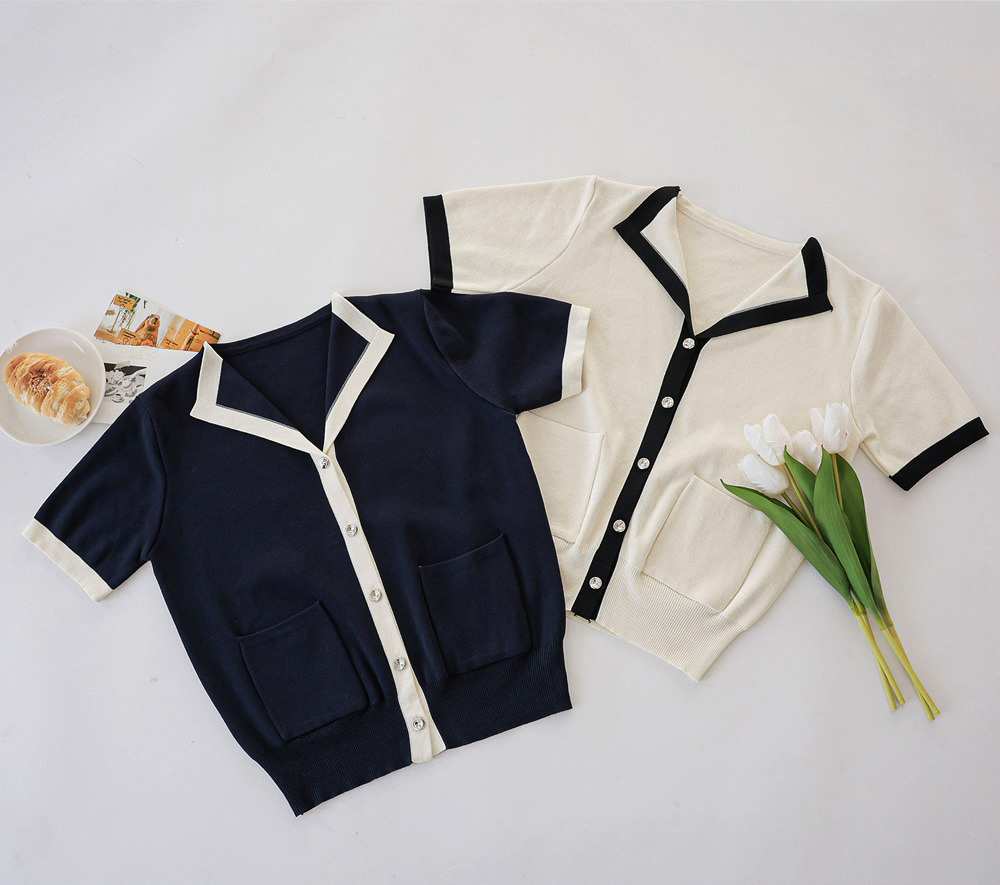 撞色翻領銀釦開襟上衣,KOREA,361586,撞色翻領銀釦開襟上衣,999免運,領500