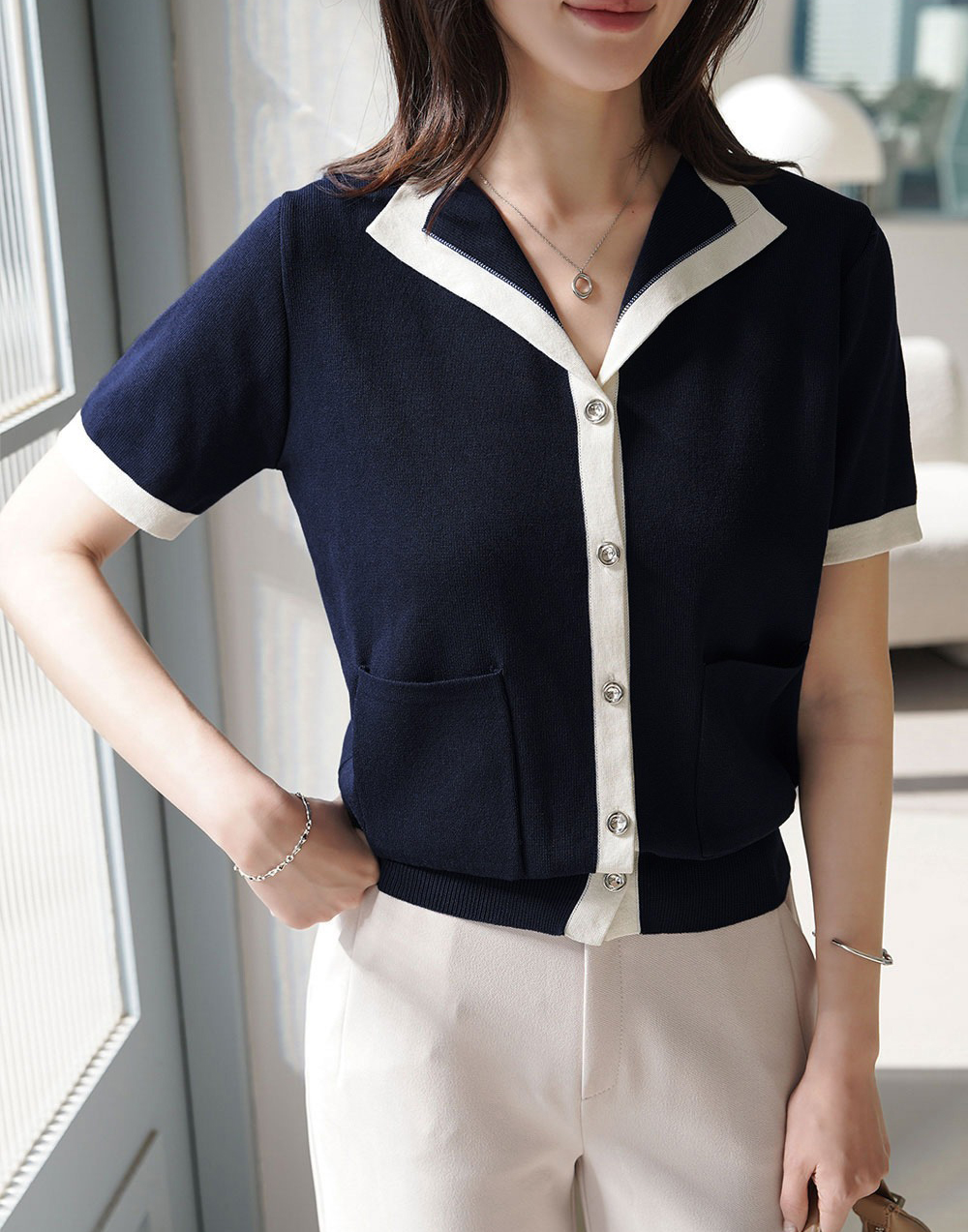 撞色翻領銀釦開襟上衣,KOREA,361586,撞色翻領銀釦開襟上衣,999免運,領500