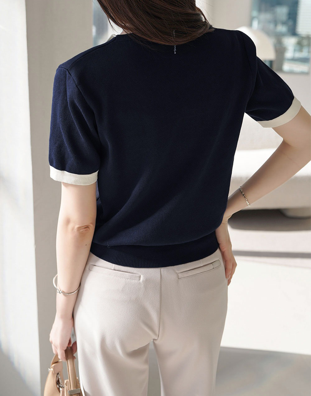 撞色翻領銀釦開襟上衣,KOREA,361586,撞色翻領銀釦開襟上衣,999免運,領500