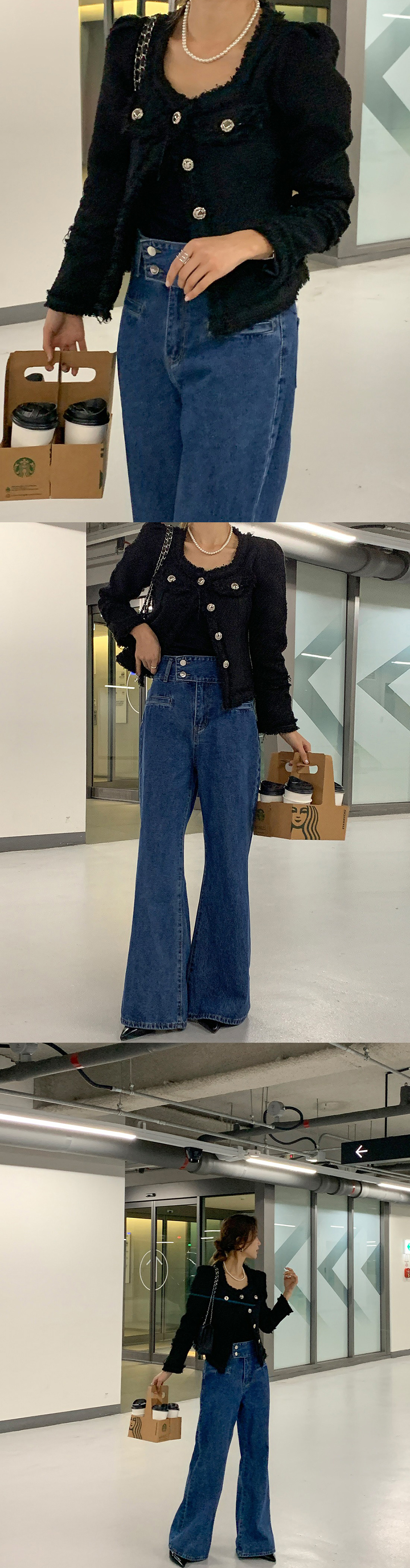 高腰雙排釦喇叭牛仔褲,KOREA,361837,高腰雙排釦喇叭牛仔褲,領500,999免運