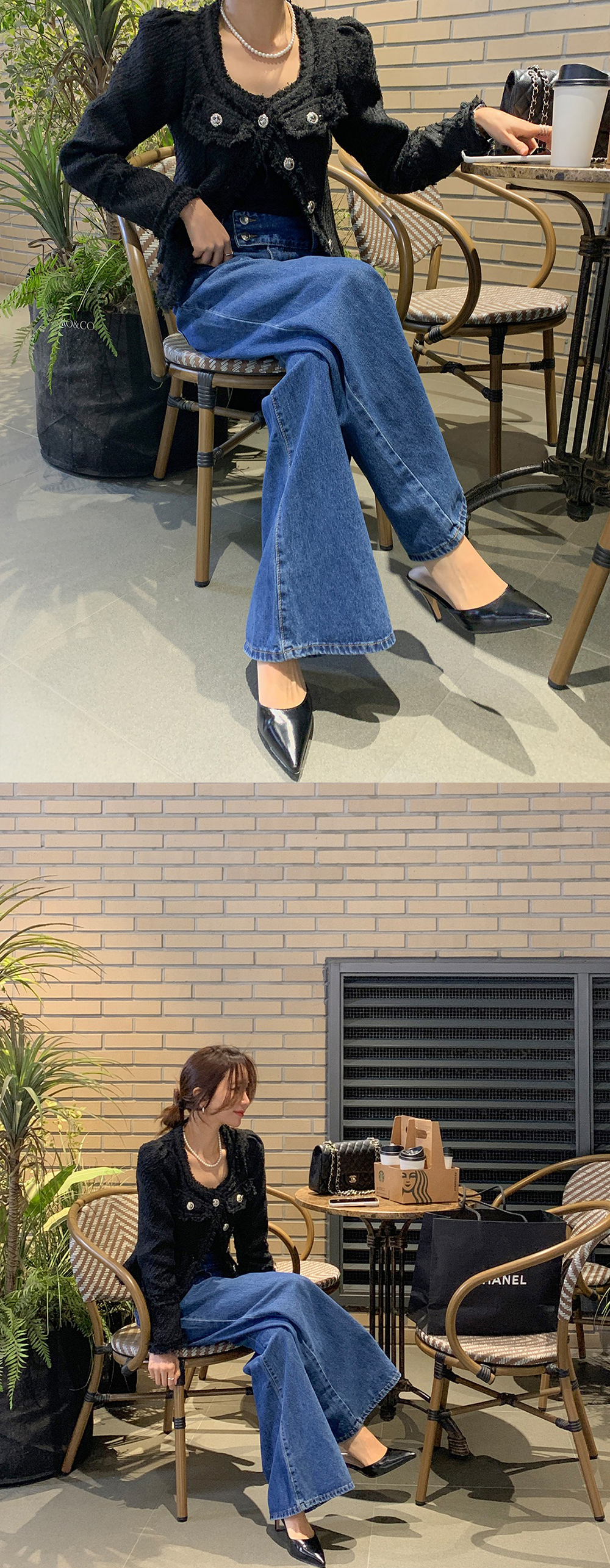 高腰雙排釦喇叭牛仔褲,KOREA,361837,高腰雙排釦喇叭牛仔褲,領500,999免運