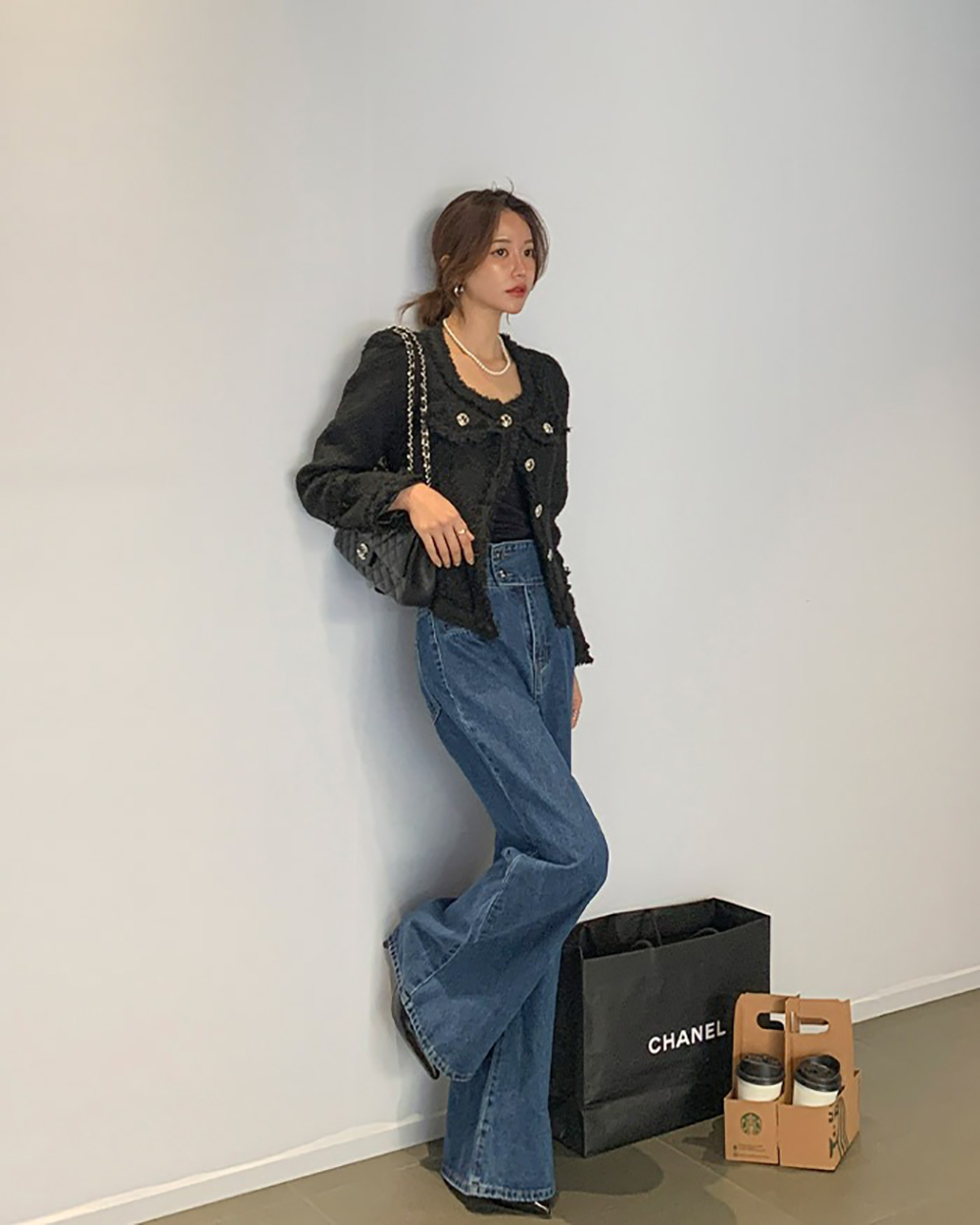 高腰雙排釦喇叭牛仔褲,KOREA,361837,高腰雙排釦喇叭牛仔褲,領500,999免運