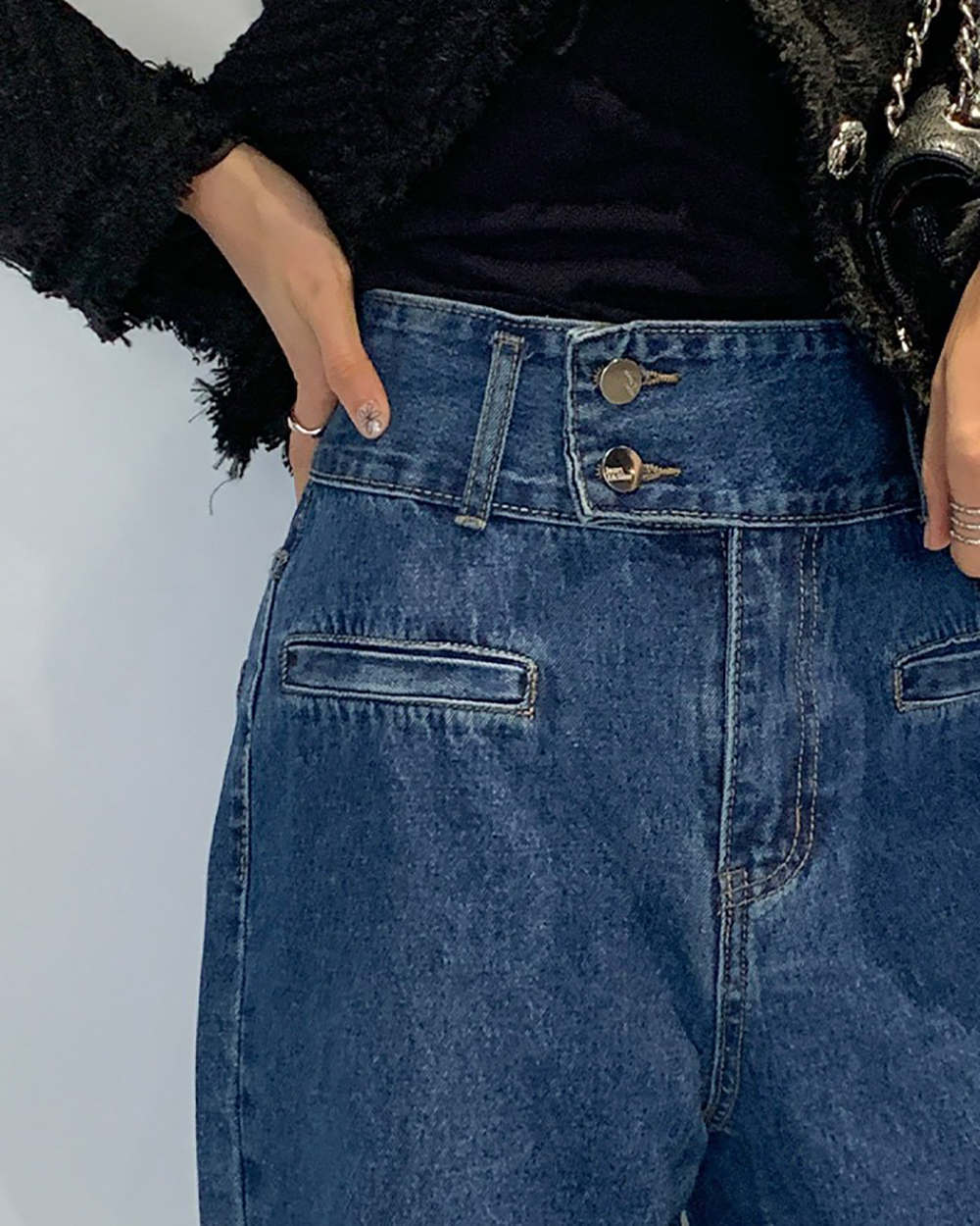 高腰雙排釦喇叭牛仔褲,KOREA,361837,高腰雙排釦喇叭牛仔褲,領500,999免運