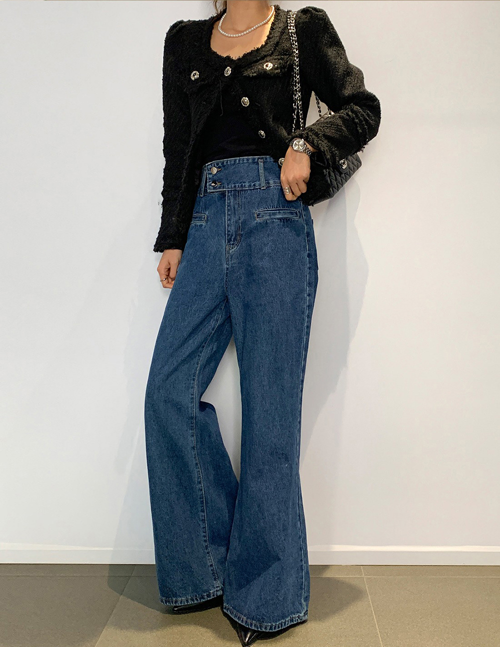 高腰雙排釦喇叭牛仔褲,KOREA,361837,高腰雙排釦喇叭牛仔褲,領500,999免運