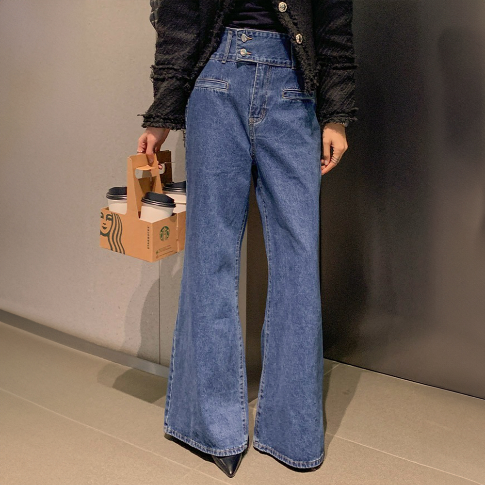 高腰雙排釦喇叭牛仔褲