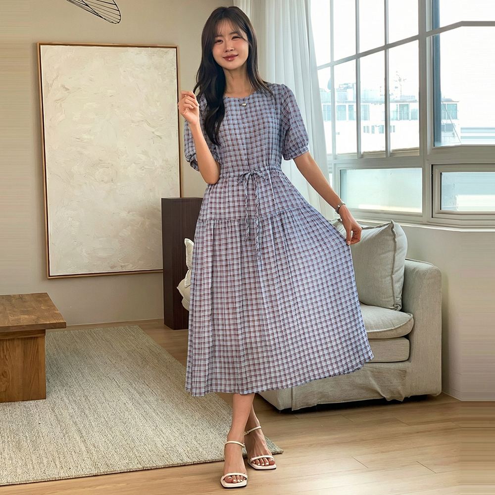 復古格紋抽繩長洋裝,KOREA,362264,復古格紋抽繩長洋裝,領500,999免運