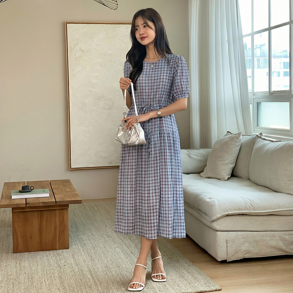 復古格紋抽繩長洋裝,KOREA,362264,復古格紋抽繩長洋裝,領500,999免運