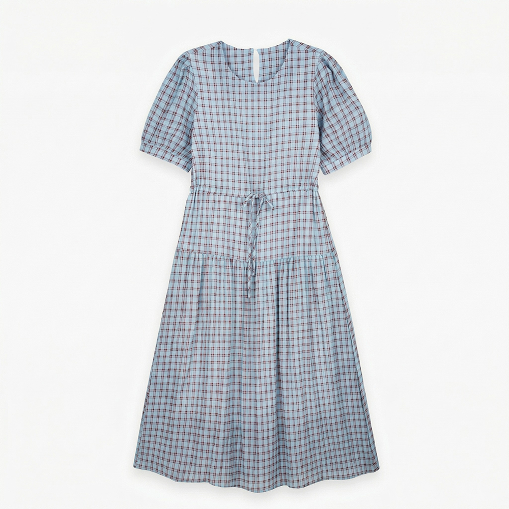 復古格紋抽繩長洋裝,KOREA,362264,復古格紋抽繩長洋裝,領500,999免運