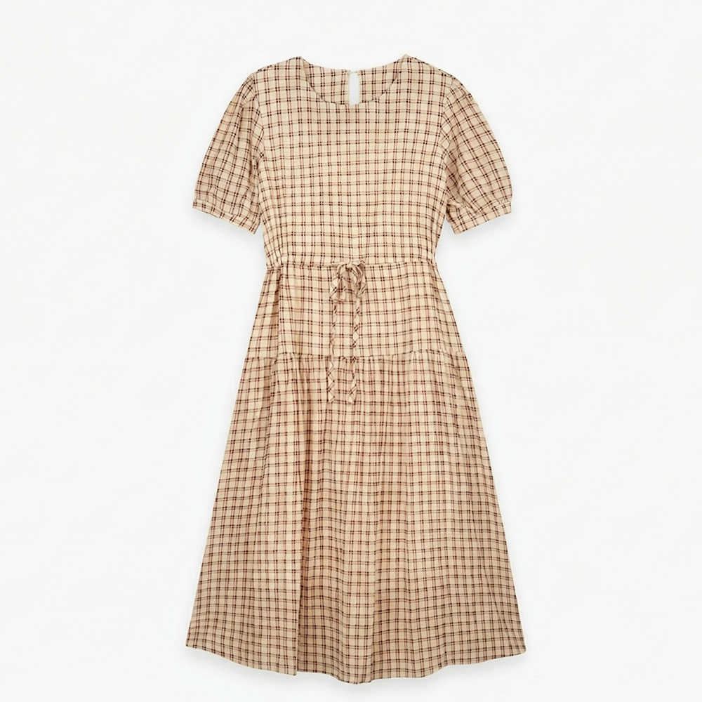 復古格紋抽繩長洋裝,KOREA,362264,復古格紋抽繩長洋裝,領500,999免運