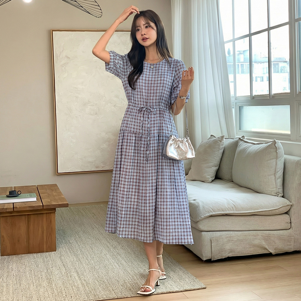 復古格紋抽繩長洋裝,KOREA,362264,復古格紋抽繩長洋裝,領500,999免運