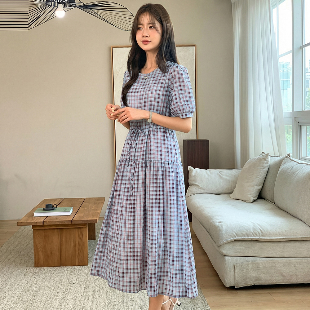 復古格紋抽繩長洋裝,KOREA,362264,復古格紋抽繩長洋裝,領500,999免運