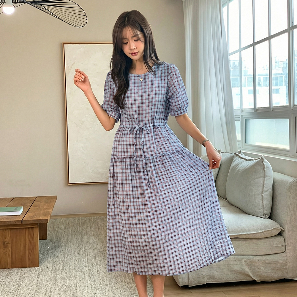 復古格紋抽繩長洋裝,KOREA,362264,復古格紋抽繩長洋裝,領500,999免運