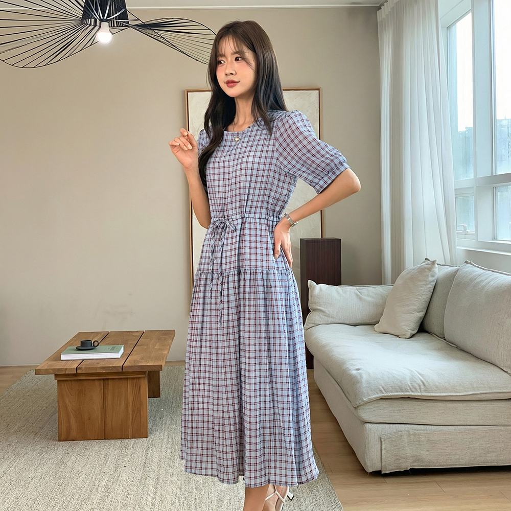 復古格紋抽繩長洋裝,KOREA,362264,復古格紋抽繩長洋裝,領500,999免運