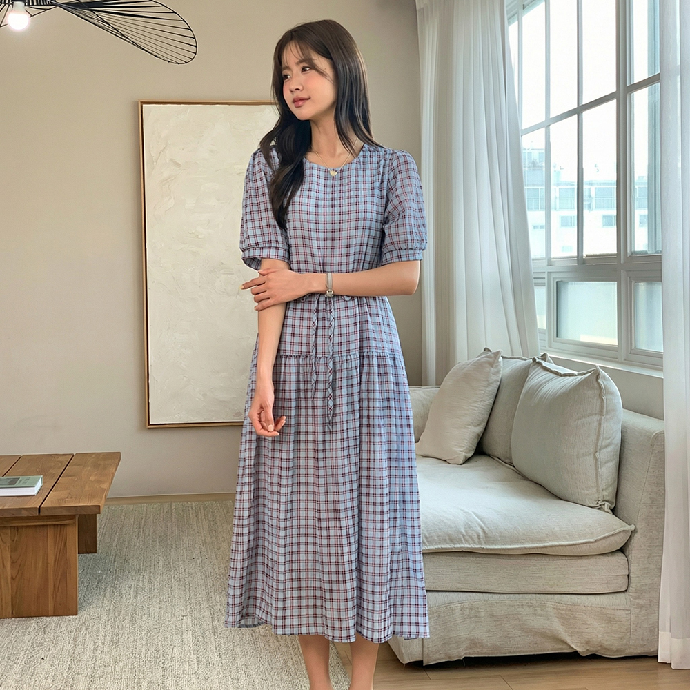 復古格紋抽繩長洋裝,KOREA,362264,復古格紋抽繩長洋裝,領500,999免運