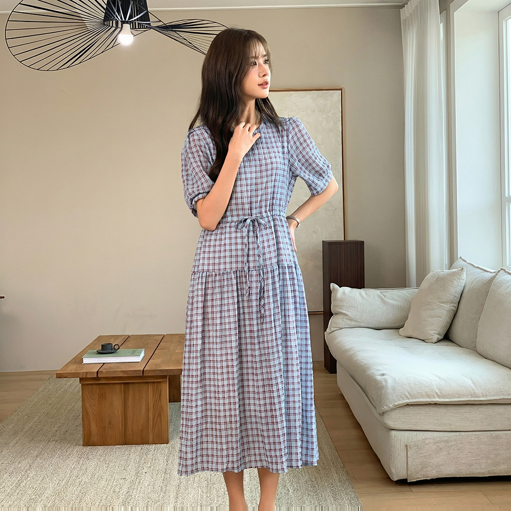 復古格紋抽繩長洋裝,KOREA,362264,復古格紋抽繩長洋裝,領500,999免運
