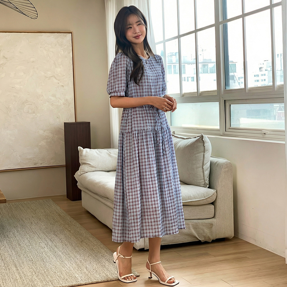 復古格紋抽繩長洋裝,KOREA,362264,復古格紋抽繩長洋裝,領500,999免運