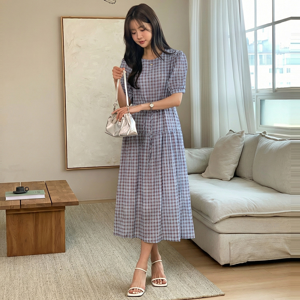 復古格紋抽繩長洋裝,KOREA,362264,復古格紋抽繩長洋裝,領500,999免運