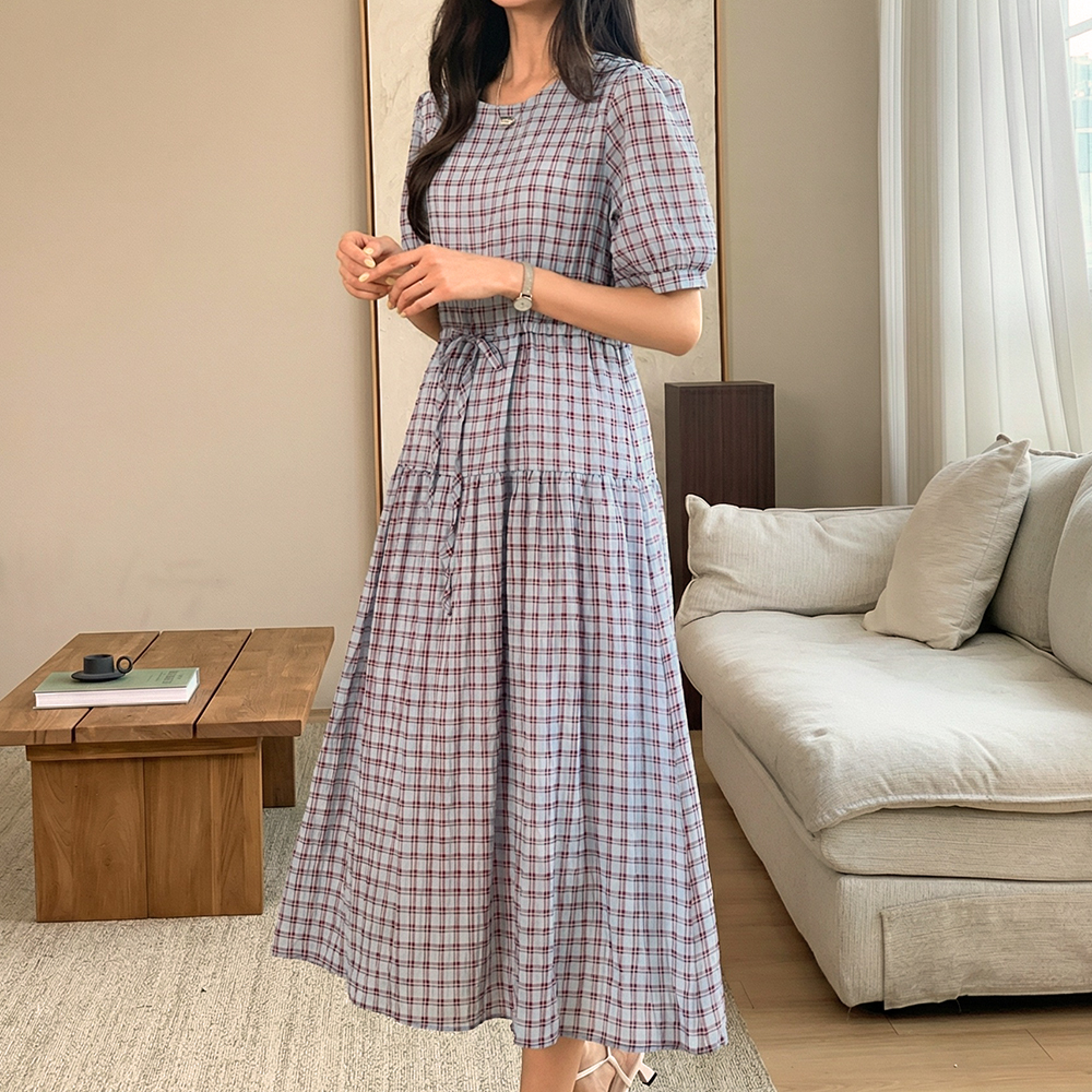 復古格紋抽繩長洋裝