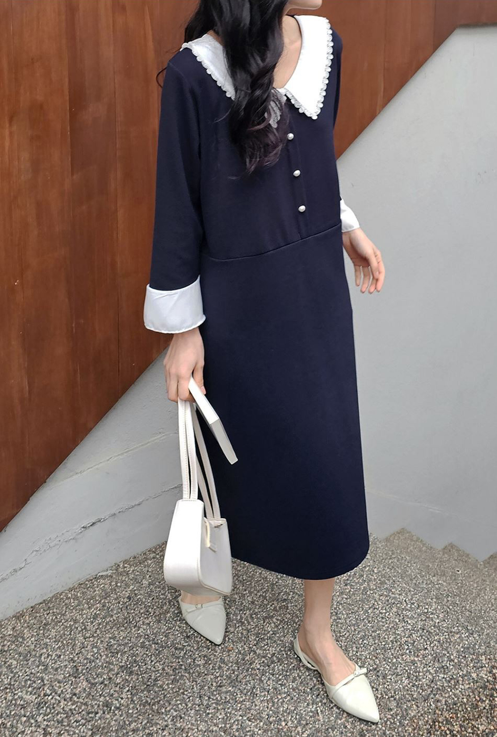 蕾絲領珍珠釦長洋裝,KOREA,362334,蕾絲領珍珠釦長洋裝,領500,999免運