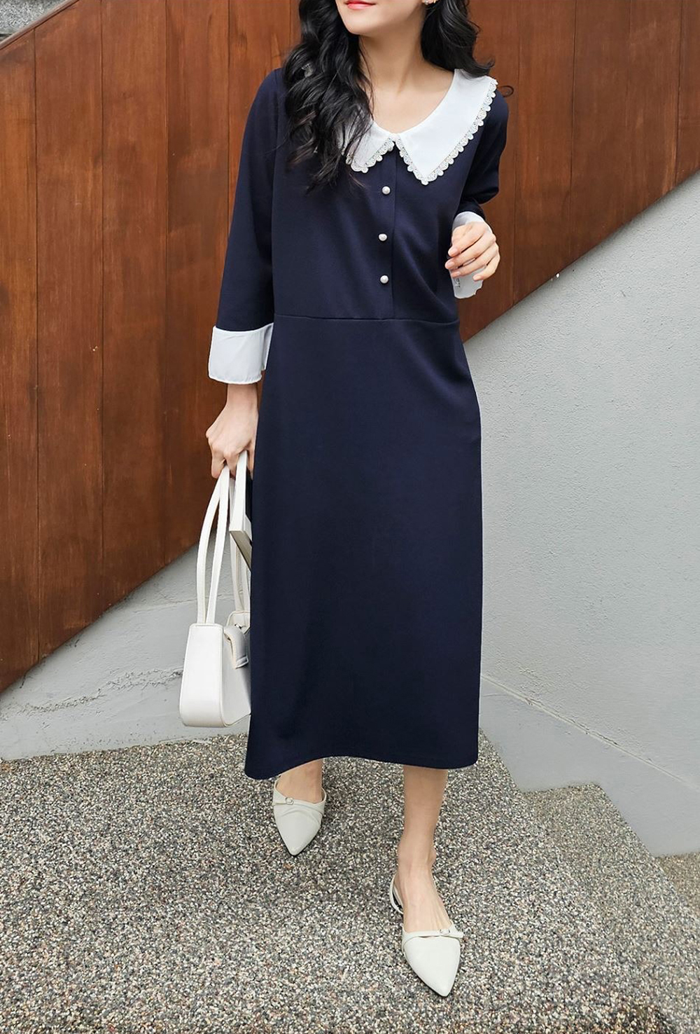 蕾絲領珍珠釦長洋裝,KOREA,362334,蕾絲領珍珠釦長洋裝,領500,999免運