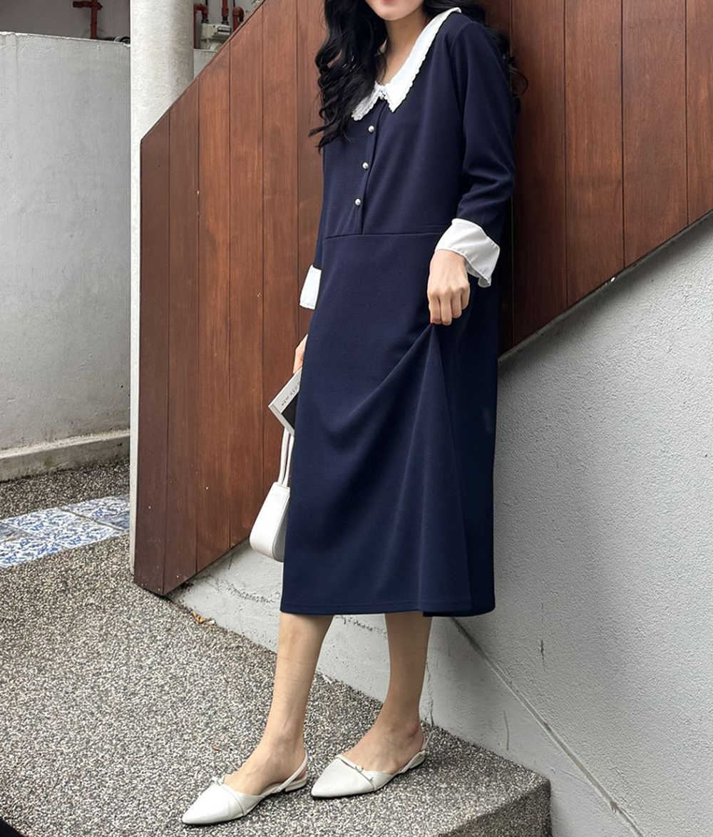 蕾絲領珍珠釦長洋裝,KOREA,362334,蕾絲領珍珠釦長洋裝,領500,999免運