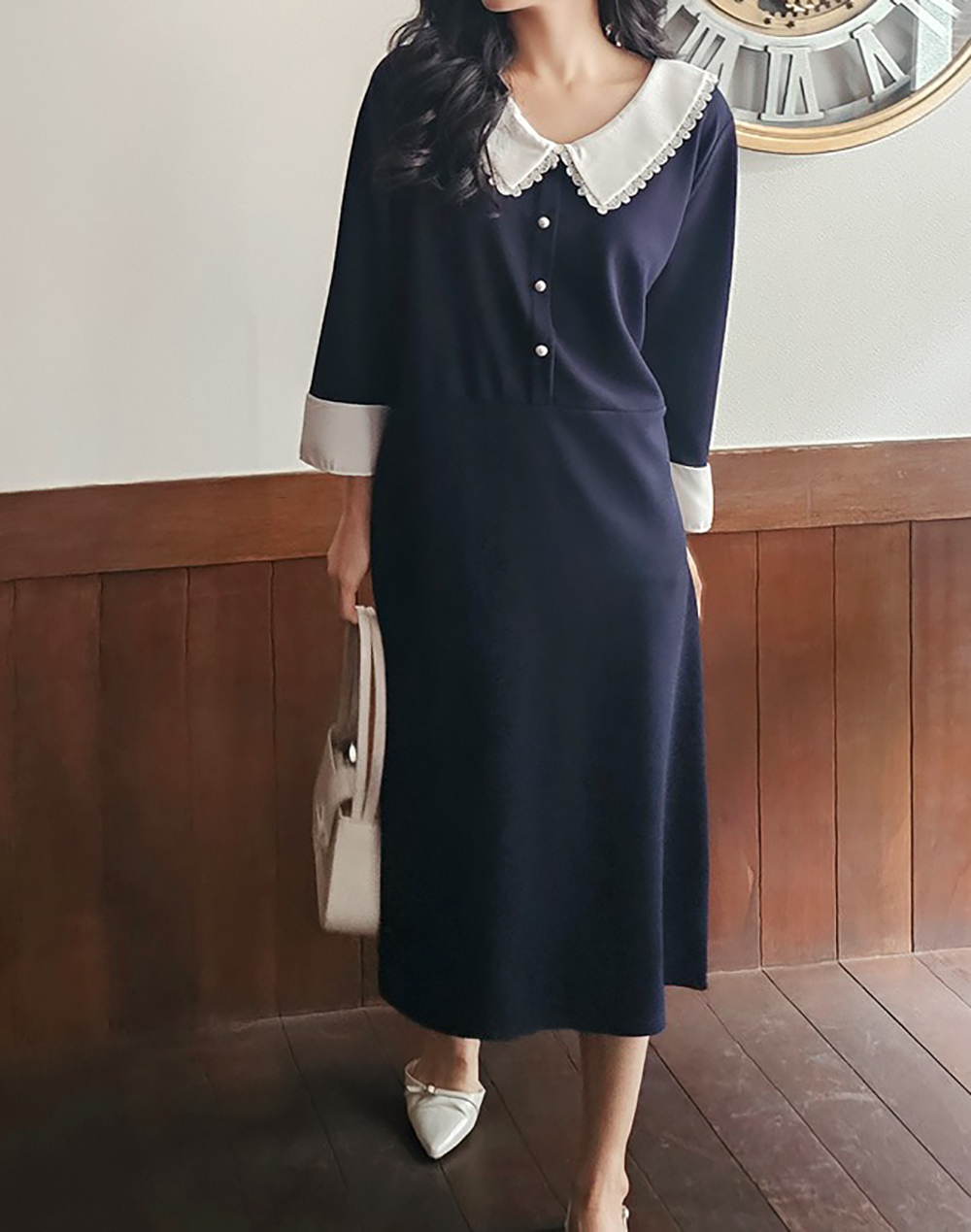 蕾絲領珍珠釦長洋裝,KOREA,362334,蕾絲領珍珠釦長洋裝,領500,999免運