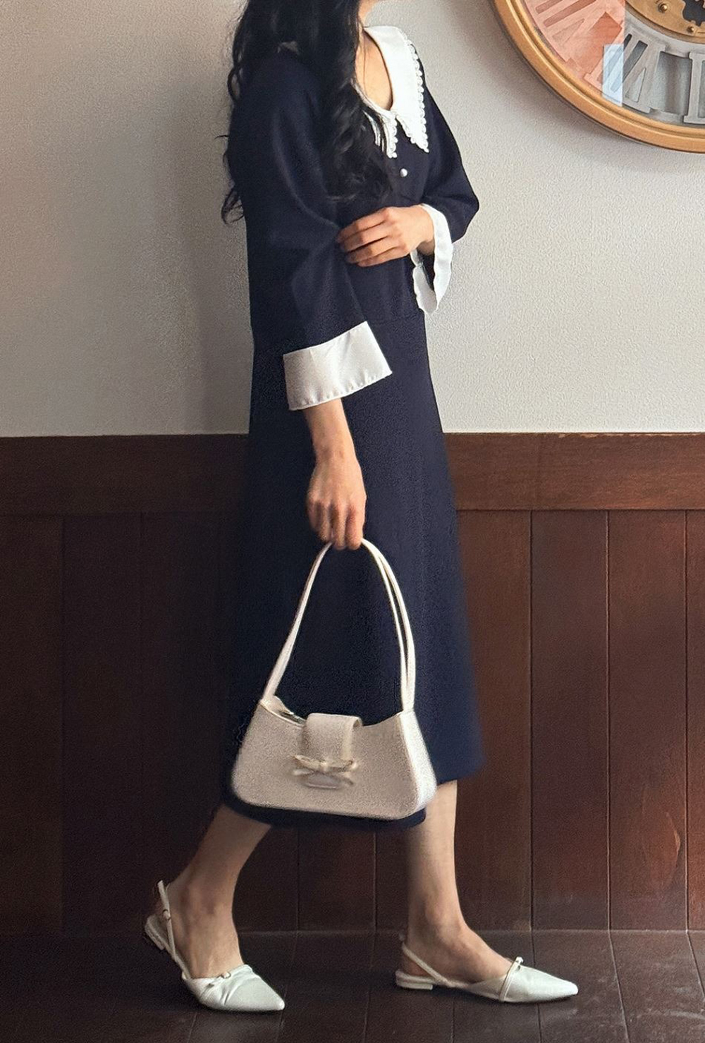 蕾絲領珍珠釦長洋裝,KOREA,362334,蕾絲領珍珠釦長洋裝,領500,999免運