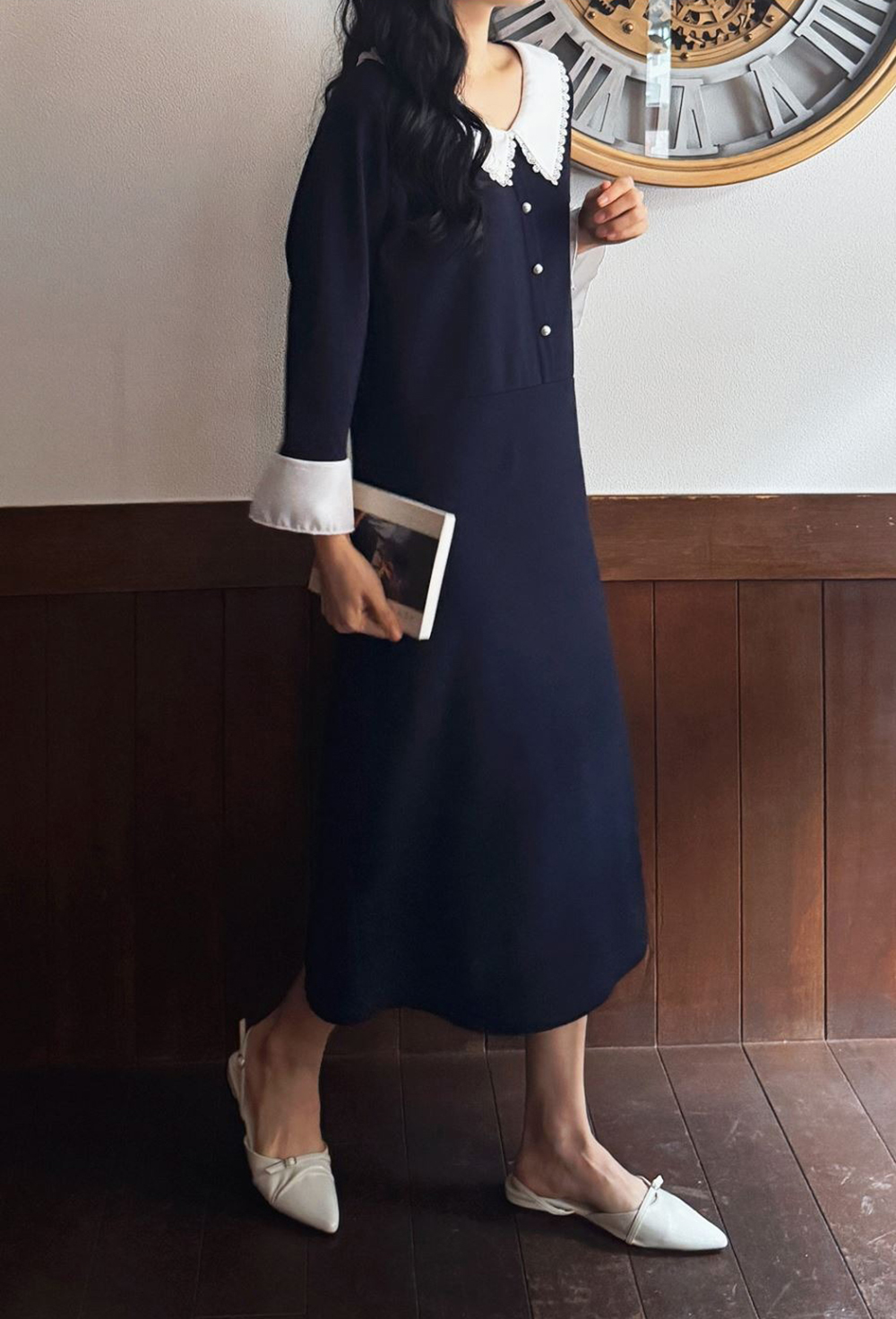 蕾絲領珍珠釦長洋裝,KOREA,362334,蕾絲領珍珠釦長洋裝,領500,999免運