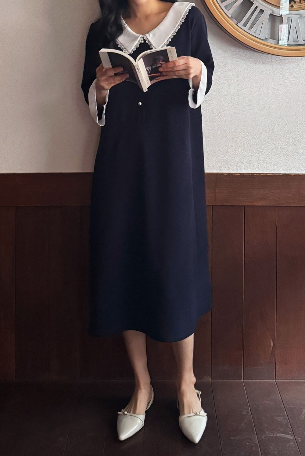 蕾絲領珍珠釦長洋裝,KOREA,362334,蕾絲領珍珠釦長洋裝,領500,999免運