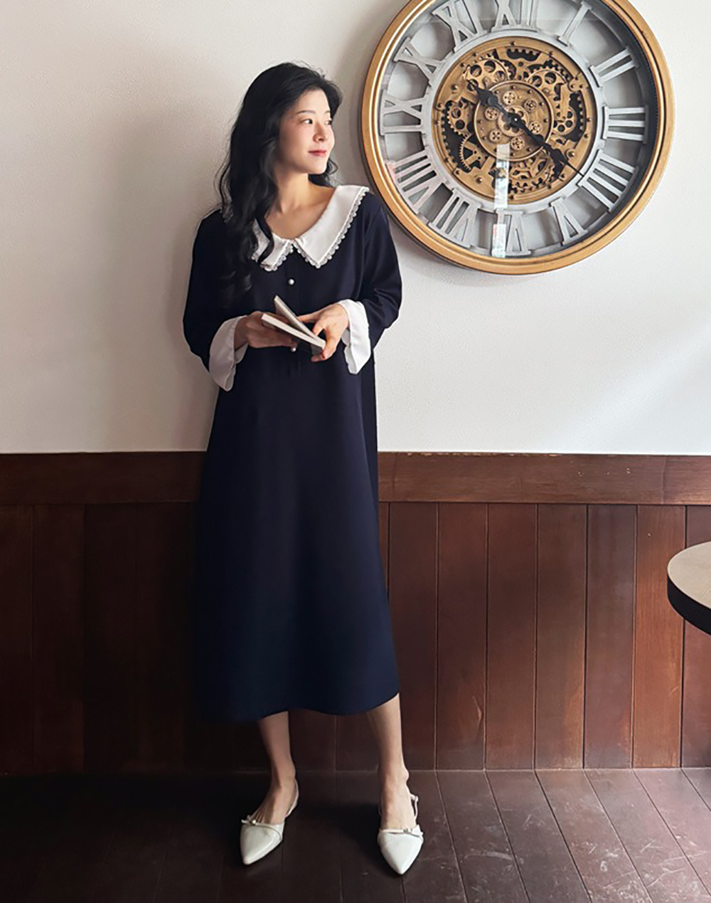 蕾絲領珍珠釦長洋裝,KOREA,362334,蕾絲領珍珠釦長洋裝,領500,999免運