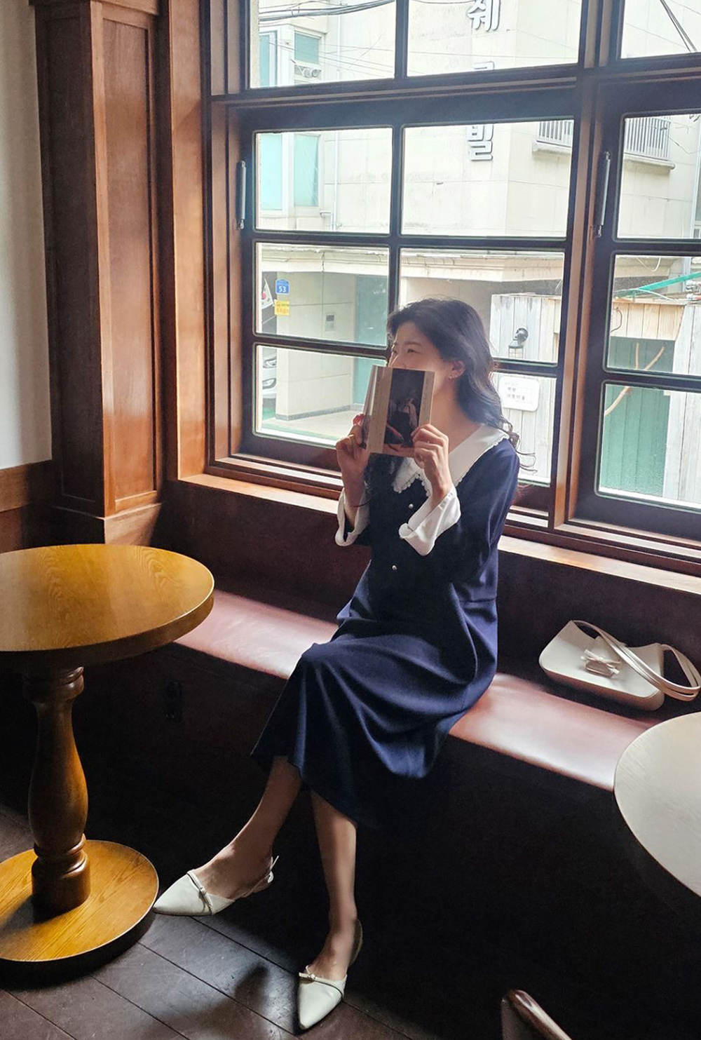 蕾絲領珍珠釦長洋裝,KOREA,362334,蕾絲領珍珠釦長洋裝,領500,999免運