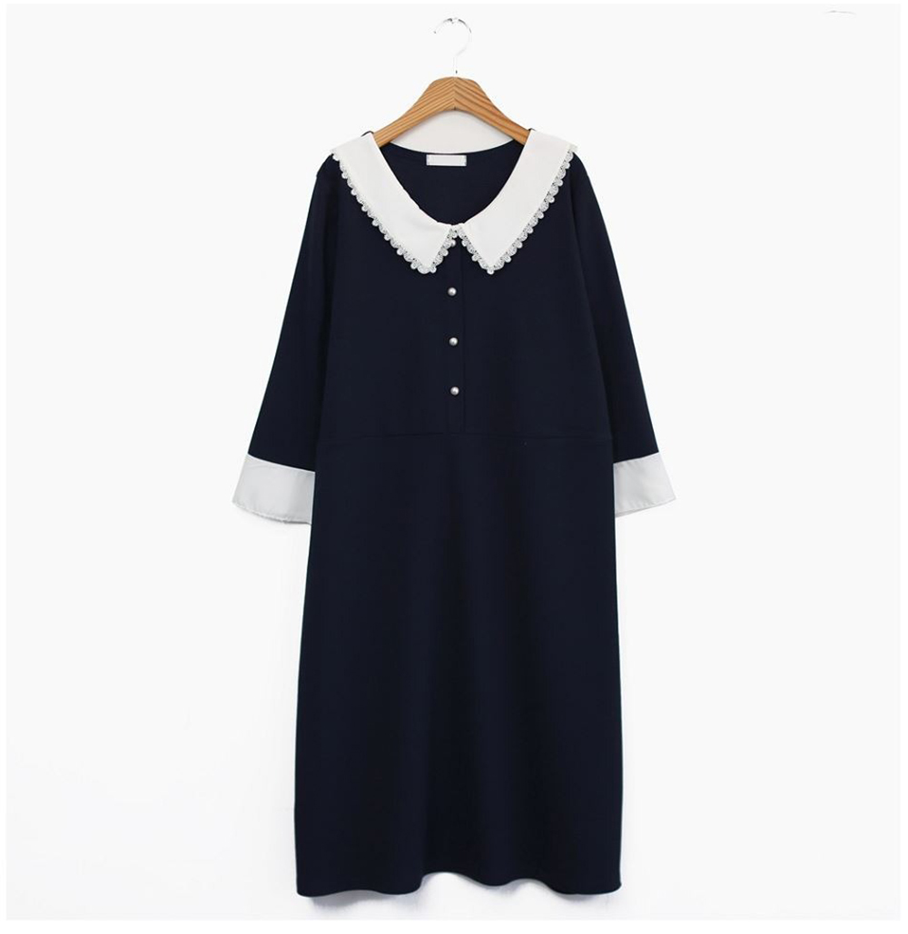 蕾絲領珍珠釦長洋裝,KOREA,362334,蕾絲領珍珠釦長洋裝,領500,999免運