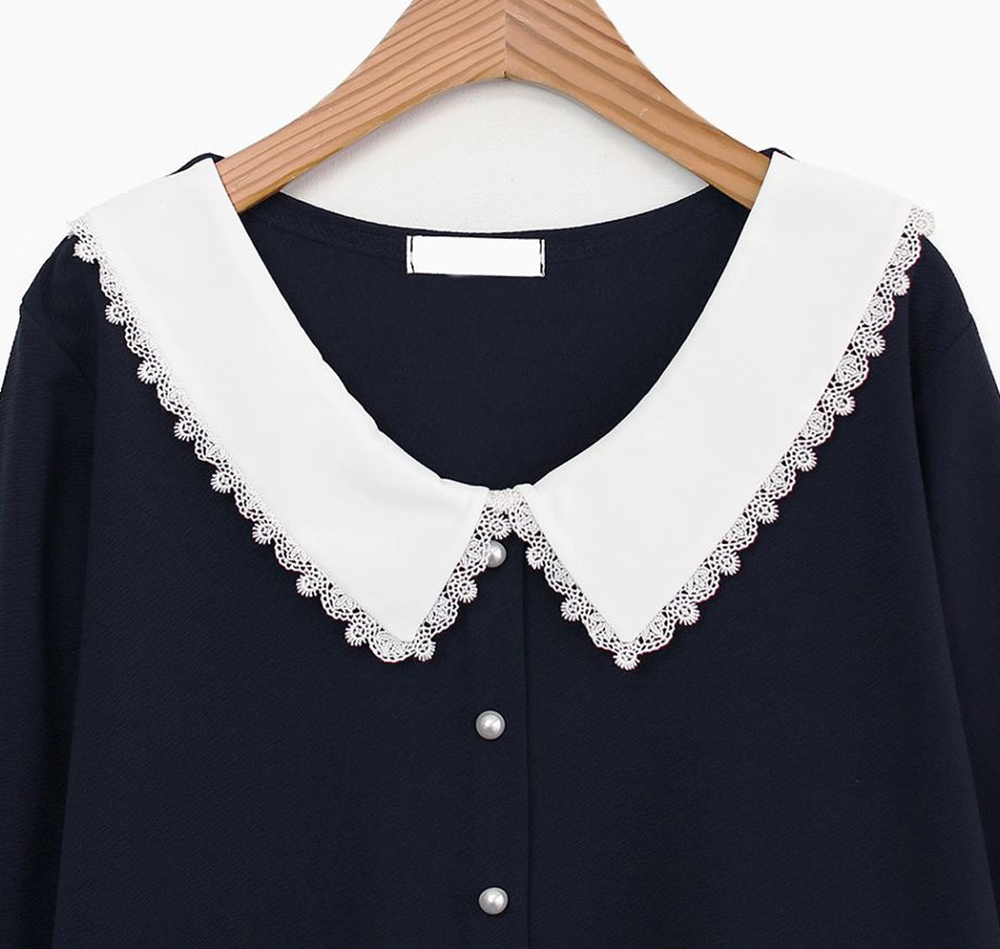 蕾絲領珍珠釦長洋裝,KOREA,362334,蕾絲領珍珠釦長洋裝,領500,999免運