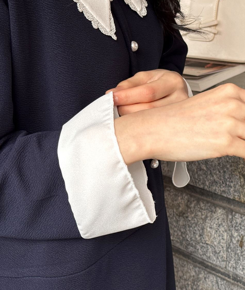 蕾絲領珍珠釦長洋裝,KOREA,362334,蕾絲領珍珠釦長洋裝,領500,999免運