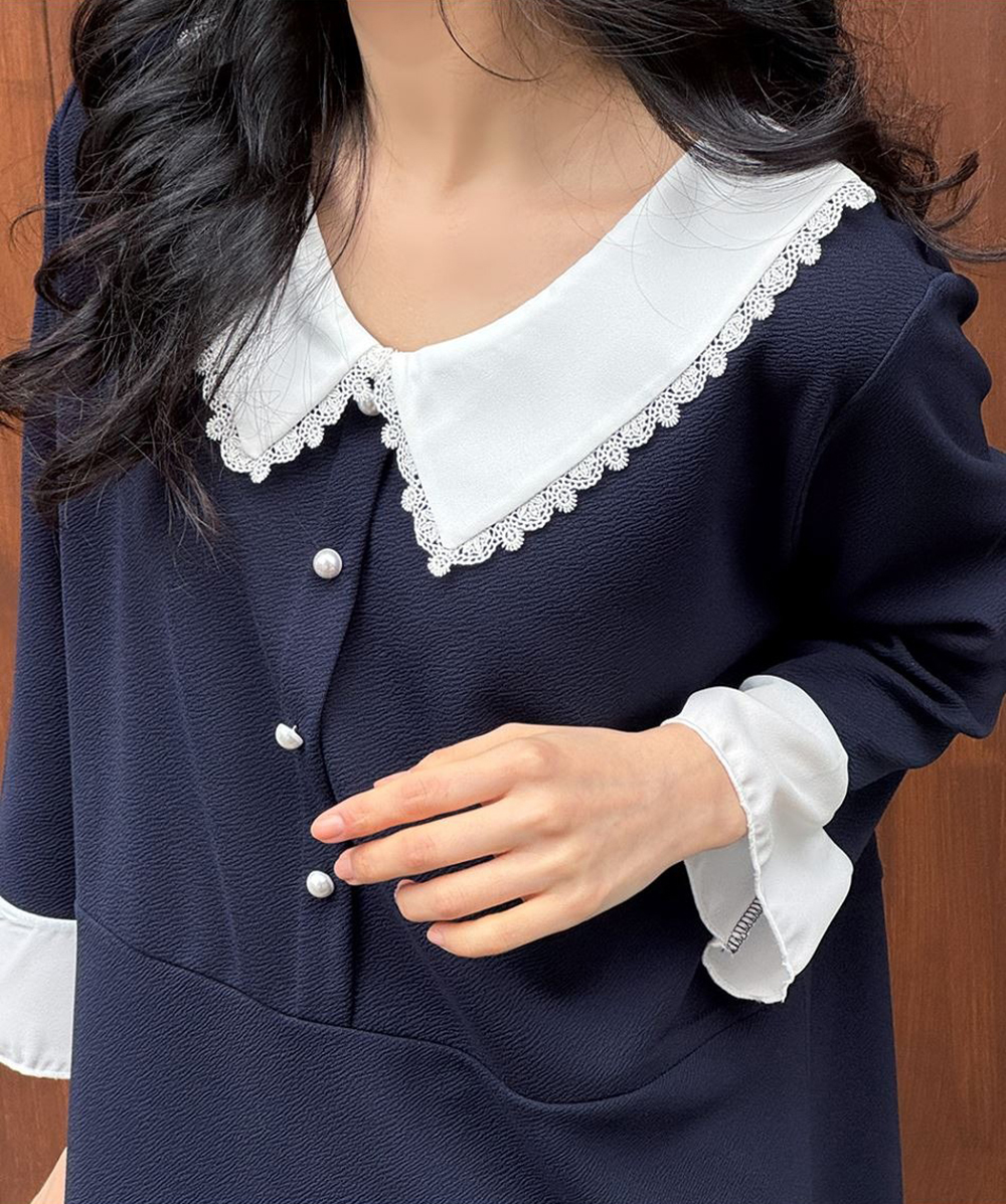 蕾絲領珍珠釦長洋裝,KOREA,362334,蕾絲領珍珠釦長洋裝,領500,999免運