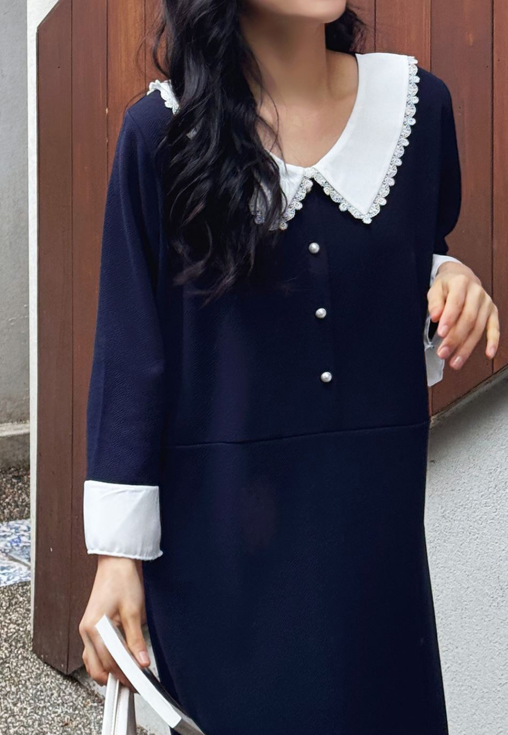 蕾絲領珍珠釦長洋裝,KOREA,362334,蕾絲領珍珠釦長洋裝,領500,999免運