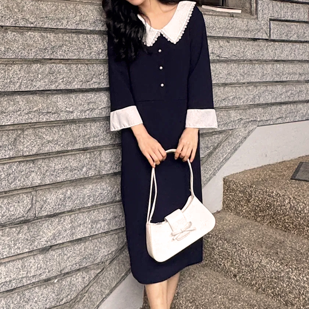 蕾絲領珍珠釦長洋裝