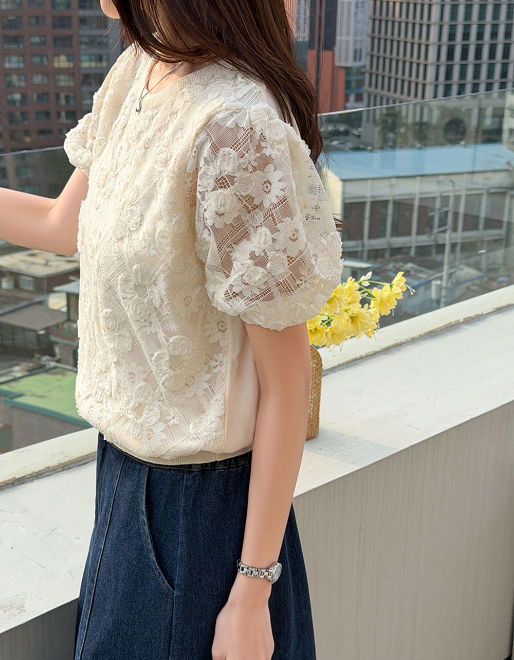 花卉蕾絲刺繡針織上衣,KOREA,363156,花卉蕾絲刺繡針織上衣,領500,999免運