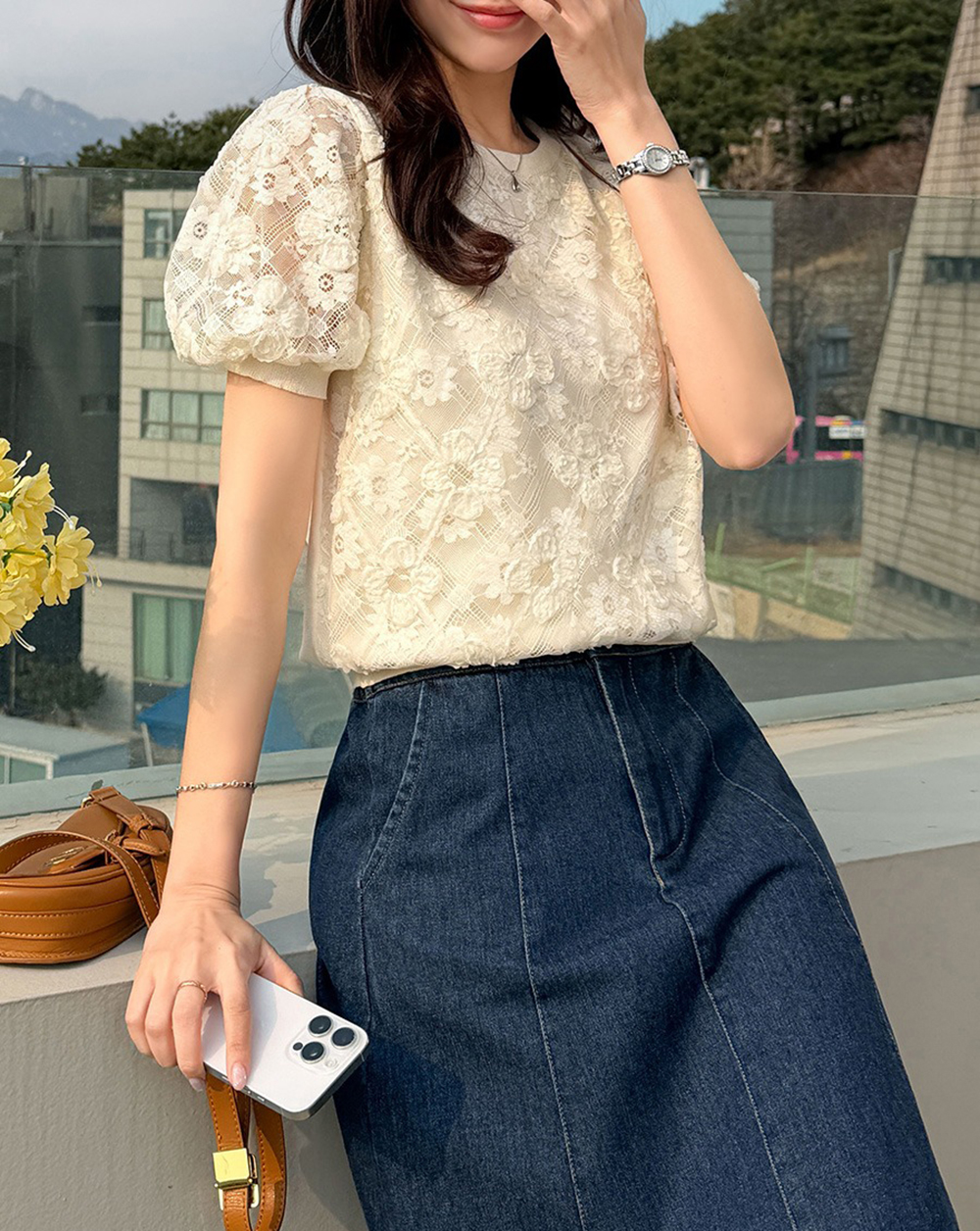 花卉蕾絲刺繡針織上衣,KOREA,363156,花卉蕾絲刺繡針織上衣,領500,999免運