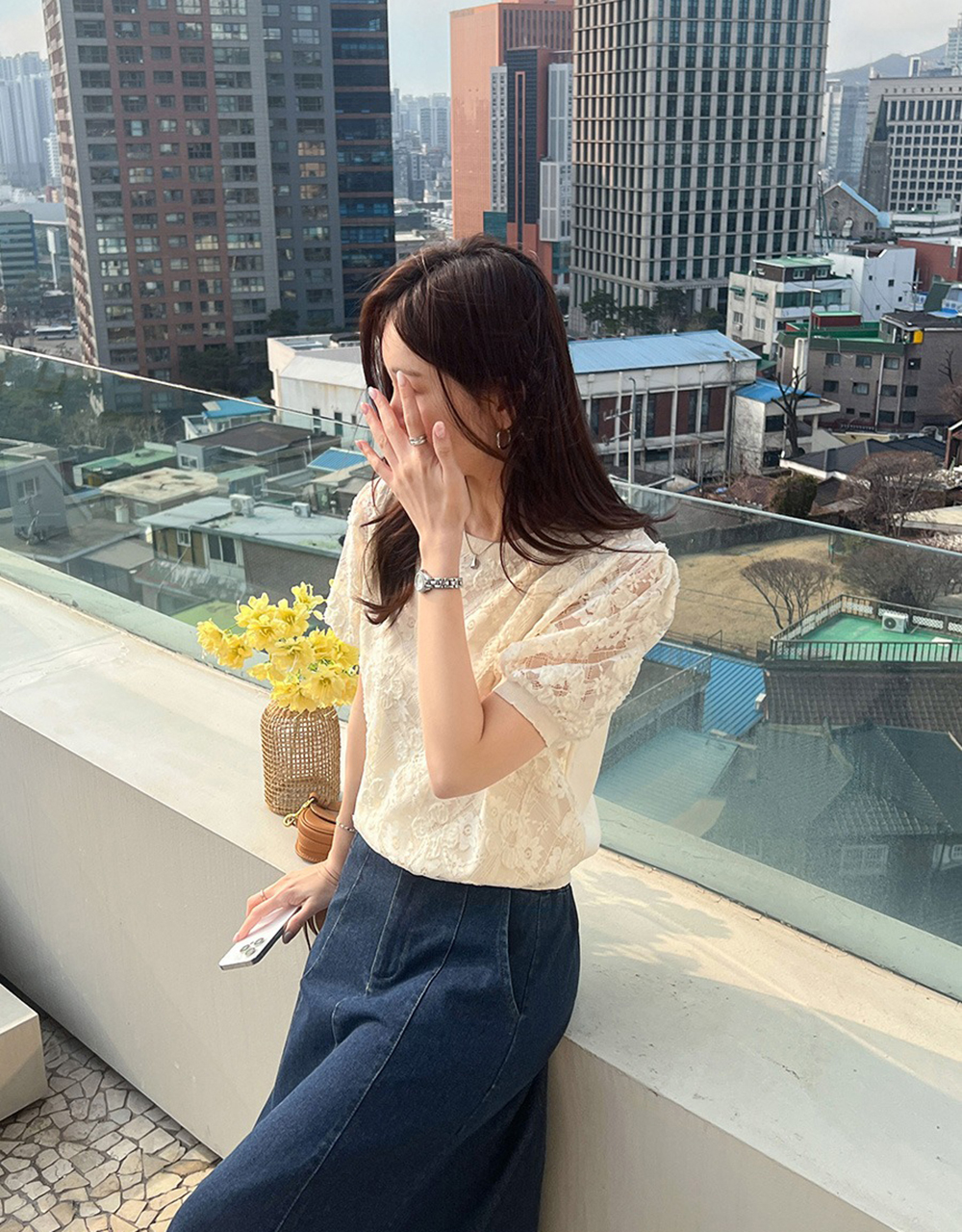 花卉蕾絲刺繡針織上衣,KOREA,363156,花卉蕾絲刺繡針織上衣,領500,999免運