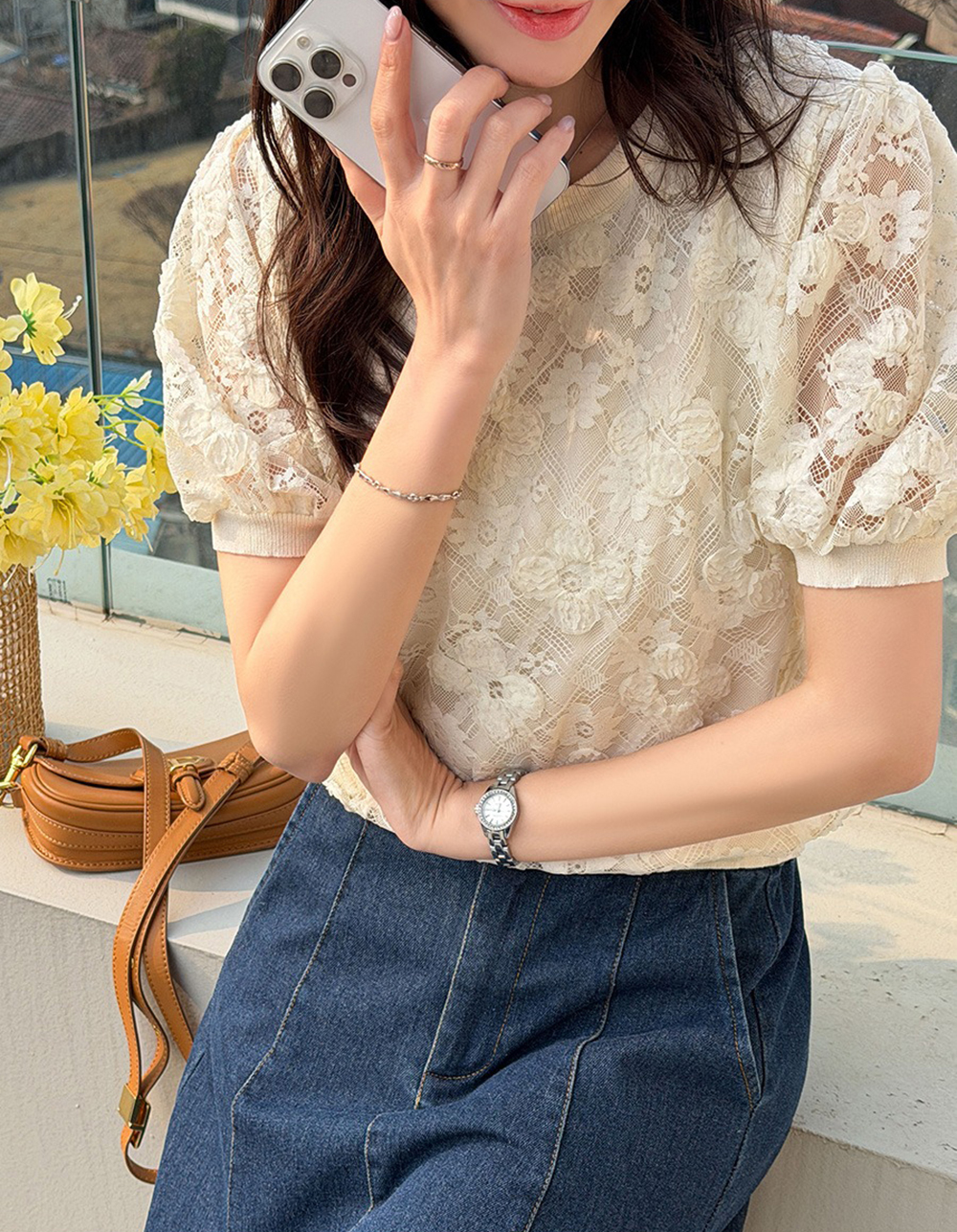 花卉蕾絲刺繡針織上衣,KOREA,363156,花卉蕾絲刺繡針織上衣,領500,999免運